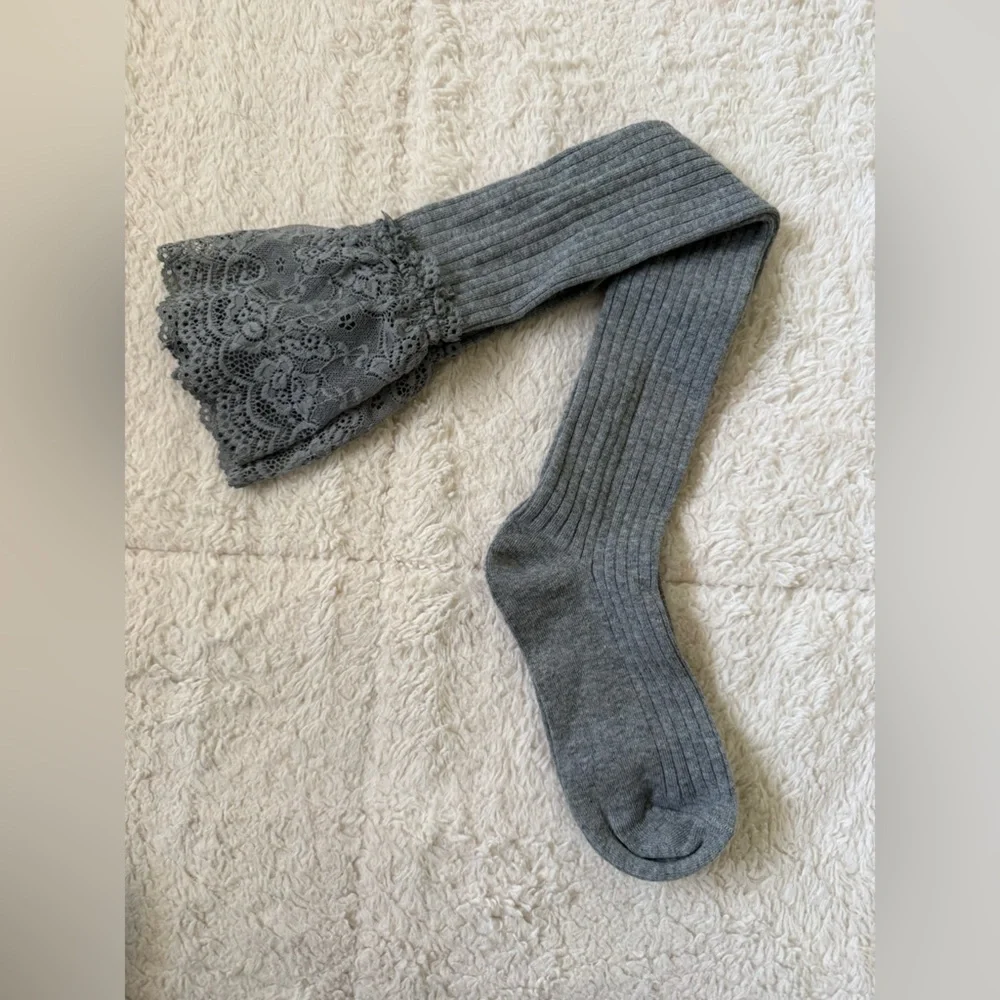 Gray Ribbed Thigh-High Socks w/ Lace Trim Cozy Cottagecore
